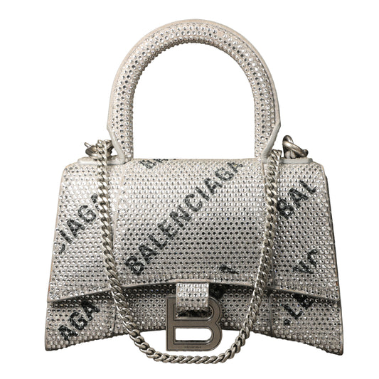 Preowned BALENCIAGA Hourglass XS Allover Logo Rhinestone Top Handle Bag w Chain Silver & Black | Luxe Again Maison