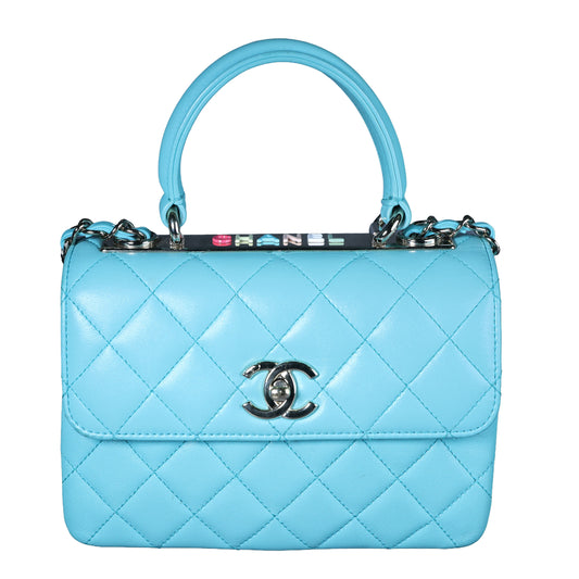 Preowned CHANEL Mini Flap Bag Top Handle Tiffany Blue Lambskin | Luxe Again Maison