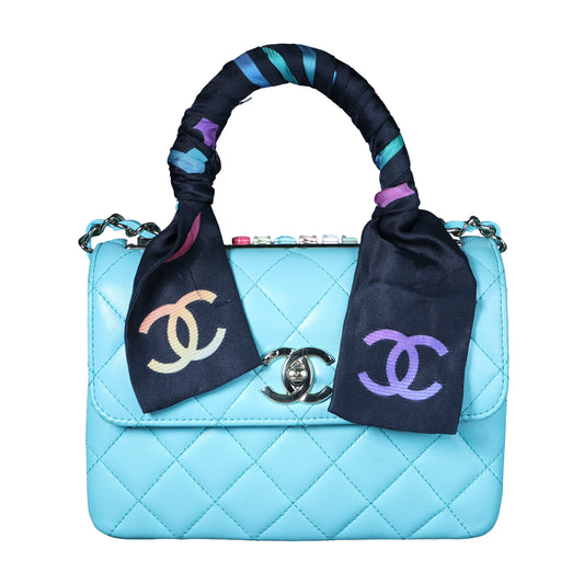 Preowned CHANEL Mini Flap Bag Top Handle Tiffany Blue Lambskin | Luxe Again Maison