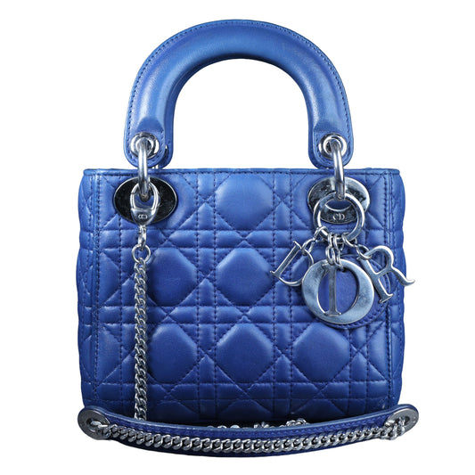Preowned CHRISTIAN DIOR Lady Dior Mini Leather Blue SHW Bag | Luxe Again Maison
