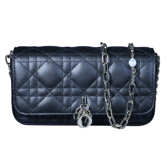 Preowned CHRISTIAN DIOR My Dior Talk Phone Pouch Cannage Lambkin Black | Luxe Again Maison
