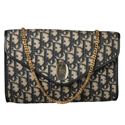 Preowned CHRISTIAN DIOR Vintage Trotter Monogram Envelope Chain Shoulder Bag Blue | Luxe gain Maison