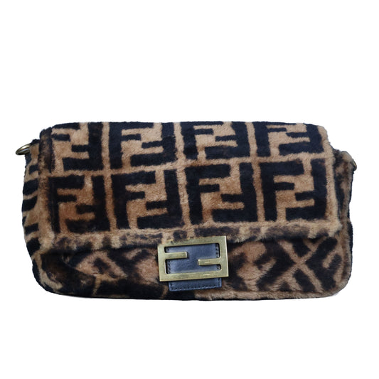 Preowned FENDI Zucca Baguette Fur x Leather Brown Bag A8HP-209 | Luxe Again Maison