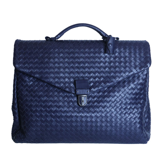 Preloved BOTTEGA VENETA Intrecciato Nappa Leather Briefcase Navy Blue | Luxe Again Maison
