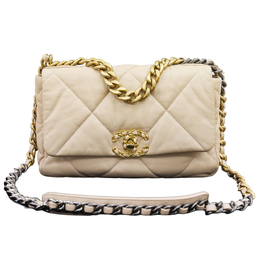 Pre-owned Chanel 19 Lambskin AS1160 Beige Chain Shoulder Bag | Luxe Again Maison