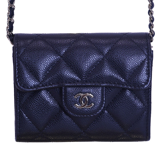 Pre-owned Chanel Black Quilted Caviar Classic CC Card Holder on Chain | Luxe Again Maison