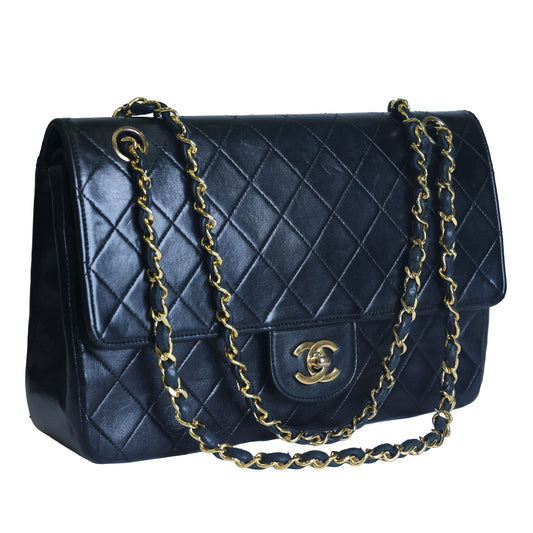 Preowned CHANEL Vintage Classic 11.12 (Medium Double Flap) Handbag A01112 Black Gold Hardware 0XXXXX2 | Luxe Again Maison