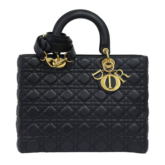 Preloved CHRISTIAN DIOR Lady Dior Cannage Leather Gold Hardware Black Large | Luxe Again Maison