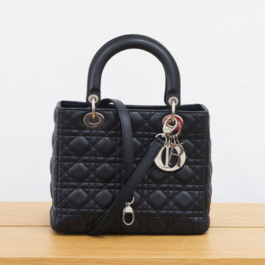 Pre-owned Christian Dior Lady Dior Black Cannage Lambskin Medium Bag | Luxe Again Maison