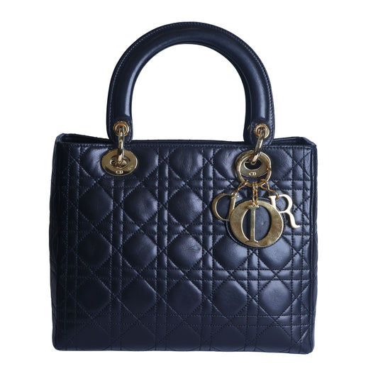 Preowned CHRISTIAN DIOR Lady Dior Cannage Leather Gold Hardware Black Medium | Luxe Again Maison