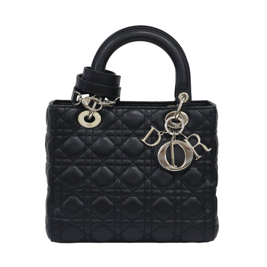 Preloved CHRISTIAN DIOR Lady Dior Cannage Leather Black w Silver Hardware Medium | Luxe Again Maison