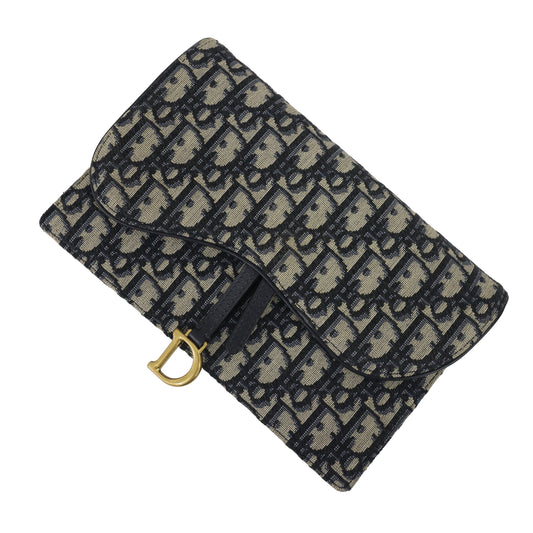 Preloved CHRISTIAN DIOR Oblique Saddle Wallet on Chain Canvas x Leather Beige & Navy | Luxe Again Maison