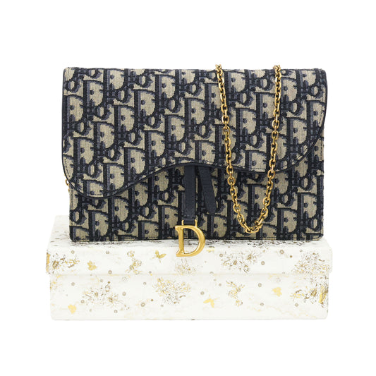 Preloved CHRISTIAN DIOR Oblique Saddle Wallet on Chain Canvas x Leather Beige & Navy | Luxe Again Maison