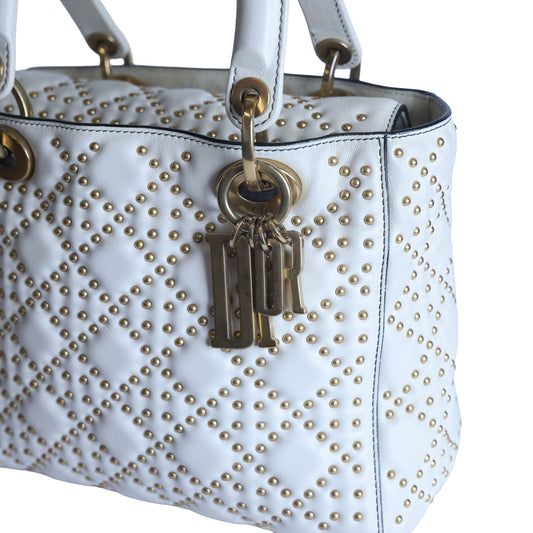 Preowned CHRISTIAN DIOR White Medium Lambskin Cannage Studded Supple Lady Dior | Luxe Again Maison