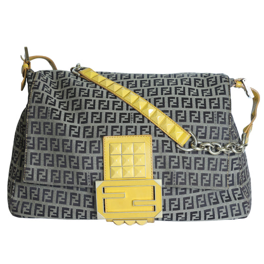 Preloved FENDI Yellow / Brown Zucchino Canvas x Leather Large Studded Mama Forever Shoulder Bag | Luxe Again Maison