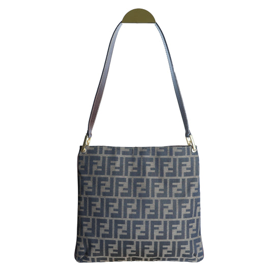 Preloved FENDI Zucca Canvas x Leather Trim Square One Shoulder Bag Brown | Luxe Again Maison