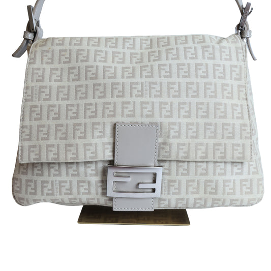 Preloved FENDI Mamma Baguette Zucchino Canvas Leather Beige Bag | Luxe Again Maison