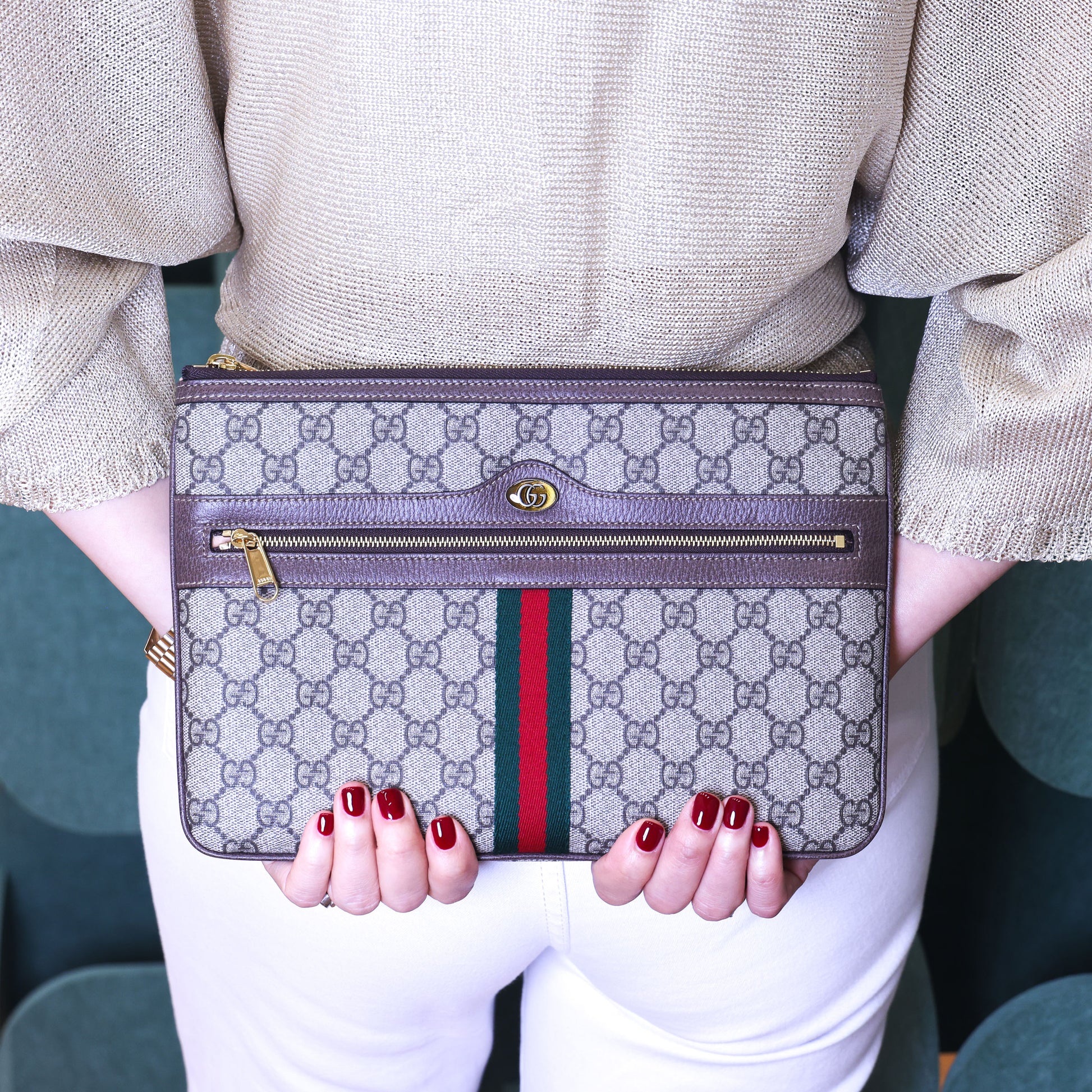 Preloved GUCCI GG Supreme Ophidia PVC x Leather Clutch Bag Brown | Luxe Again Maison