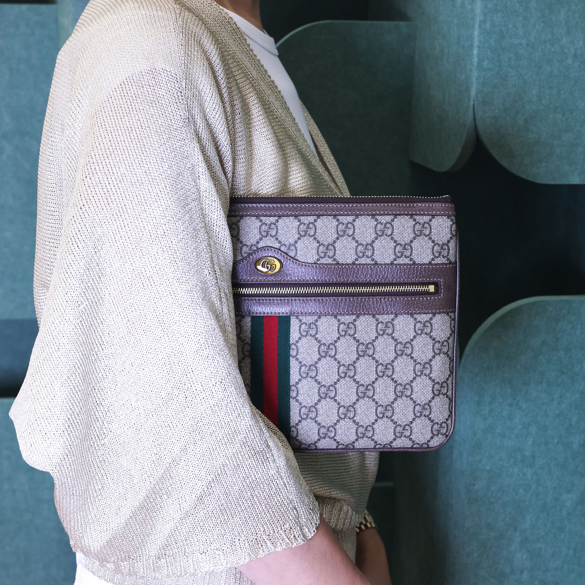 Preloved GUCCI GG Supreme Ophidia PVC x Leather Clutch Bag Brown | Luxe Again Maison