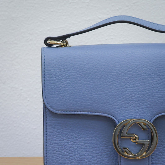 Pre-owned authentic Gucci Interlocking G Chain 510304 Shoulder Leather Light Blue Bag | Luxe Again Maison