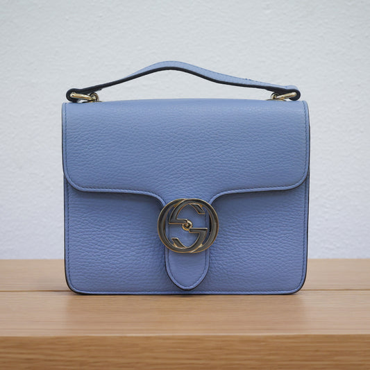 Pre-owned authentic Gucci Interlocking G Chain 510304 Shoulder Leather Light Blue Bag | Luxe Again Maison