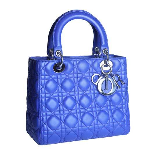 Preowned CHRISTIAN DIOR Lady Dior Cannage Leather Silver Hardware Blue Medium | Luxe Again Maison