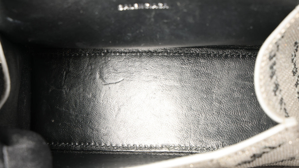Preowned BALENCIAGA Hourglass XS Allover Logo Rhinestone Top Handle Bag w Chain Silver & Black | Luxe Again Maison