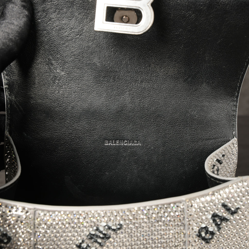 Preowned BALENCIAGA Hourglass XS Allover Logo Rhinestone Top Handle Bag w Chain Silver & Black | Luxe Again Maison