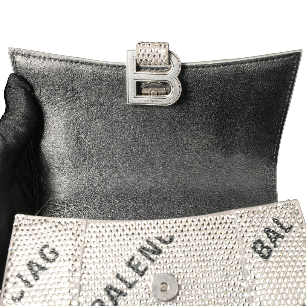 Preowned BALENCIAGA Hourglass XS Allover Logo Rhinestone Top Handle Bag w Chain Silver & Black | Luxe Again Maison