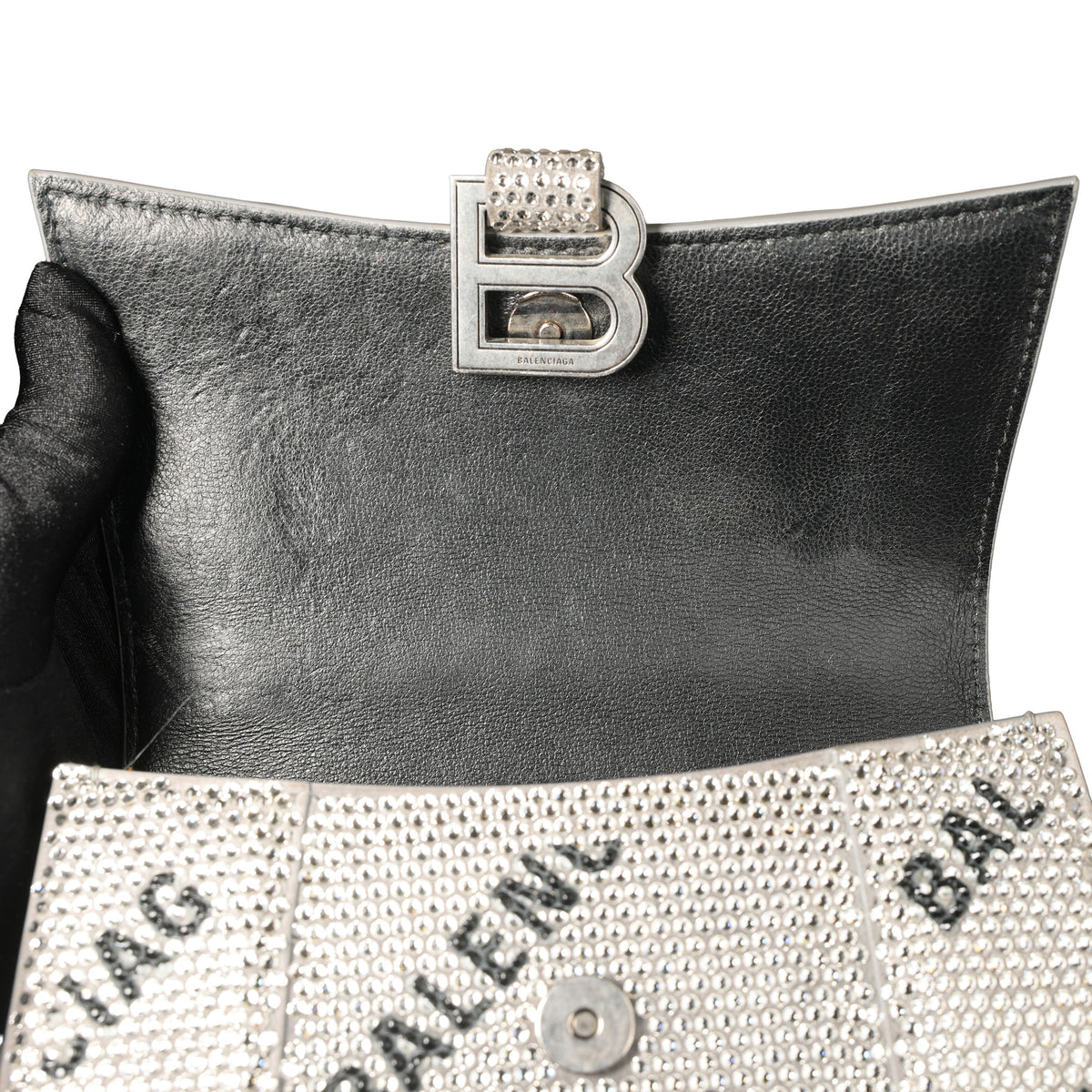 Preowned BALENCIAGA Hourglass XS Allover Logo Rhinestone Top Handle Bag w Chain Silver & Black | Luxe Again Maison