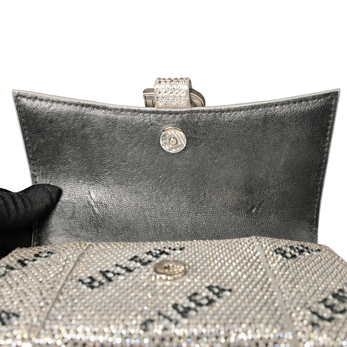 Preowned BALENCIAGA Hourglass XS Allover Logo Rhinestone Top Handle Bag w Chain Silver & Black | Luxe Again Maison