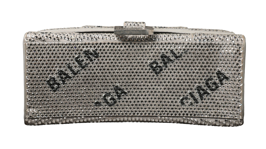 Preowned BALENCIAGA Hourglass XS Allover Logo Rhinestone Top Handle Bag w Chain Silver & Black | Luxe Again Maison