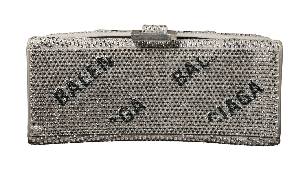 Preowned BALENCIAGA Hourglass XS Allover Logo Rhinestone Top Handle Bag w Chain Silver & Black | Luxe Again Maison
