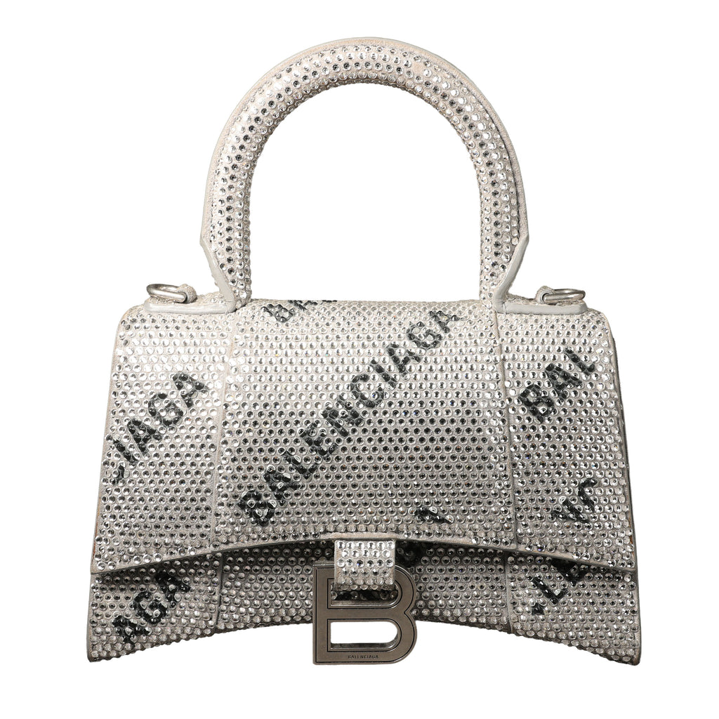Preowned BALENCIAGA Hourglass XS Allover Logo Rhinestone Top Handle Bag w Chain Silver & Black | Luxe Again Maison