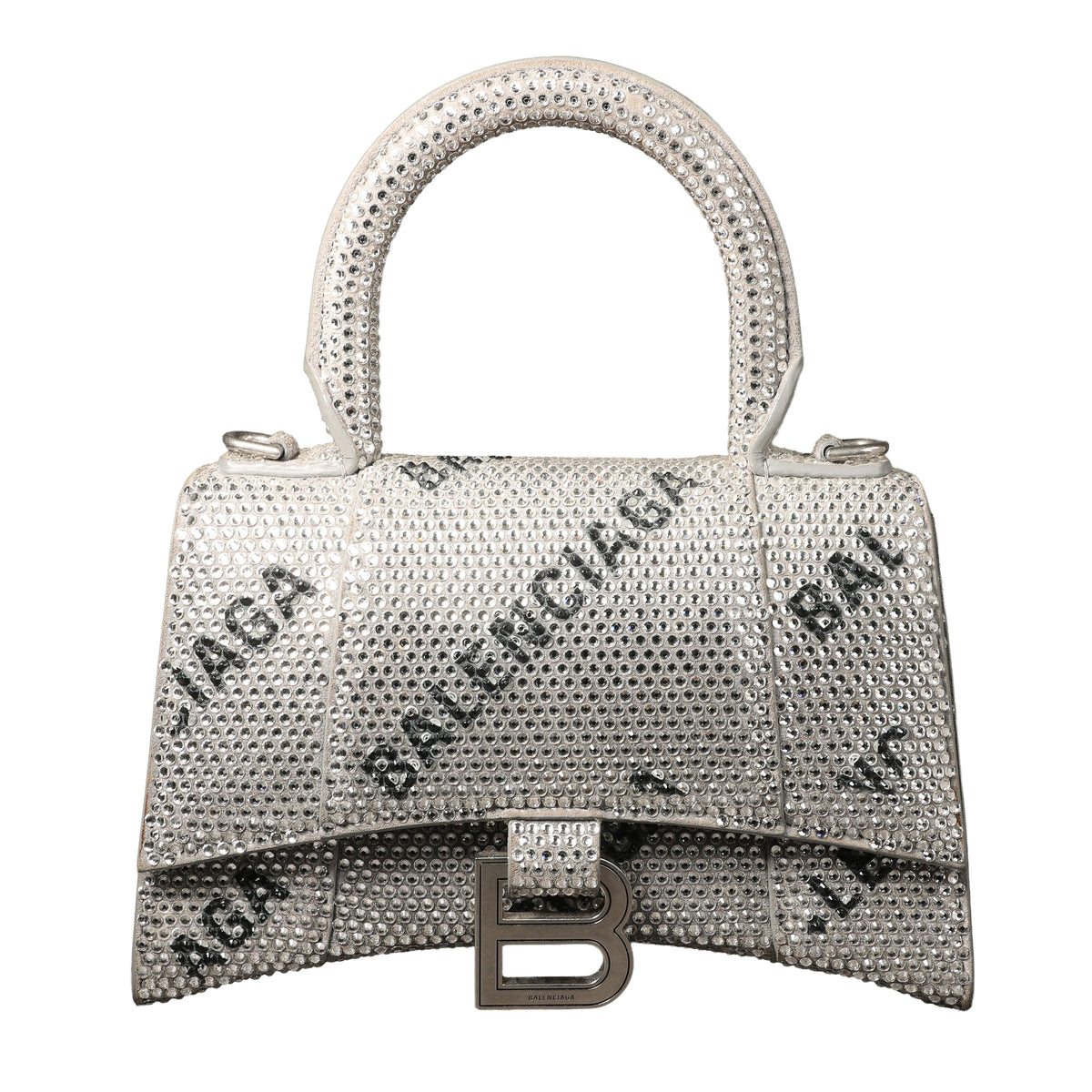 Preowned BALENCIAGA Hourglass XS Allover Logo Rhinestone Top Handle Bag w Chain Silver & Black | Luxe Again Maison
