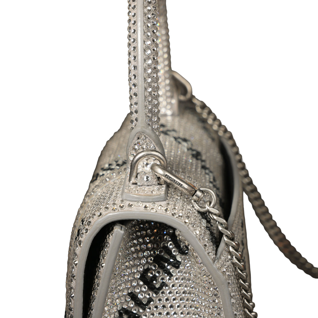 Preowned BALENCIAGA Hourglass XS Allover Logo Rhinestone Top Handle Bag w Chain Silver & Black | Luxe Again Maison
