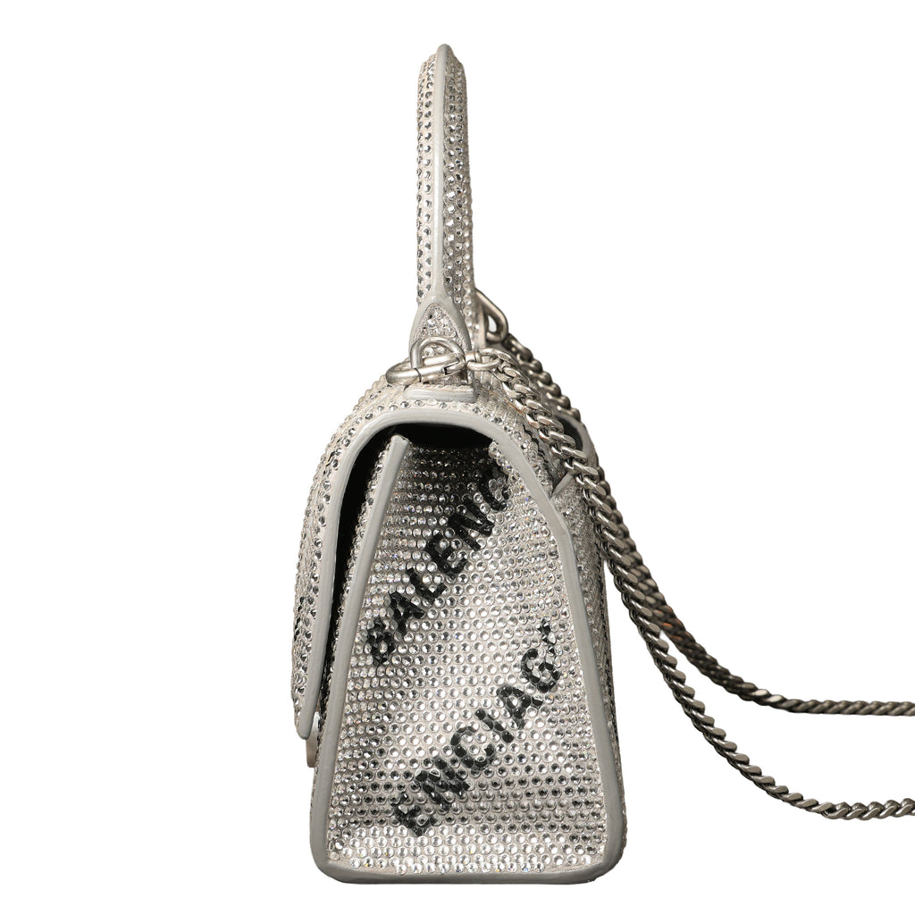 Preowned BALENCIAGA Hourglass XS Allover Logo Rhinestone Top Handle Bag w Chain Silver & Black | Luxe Again Maison