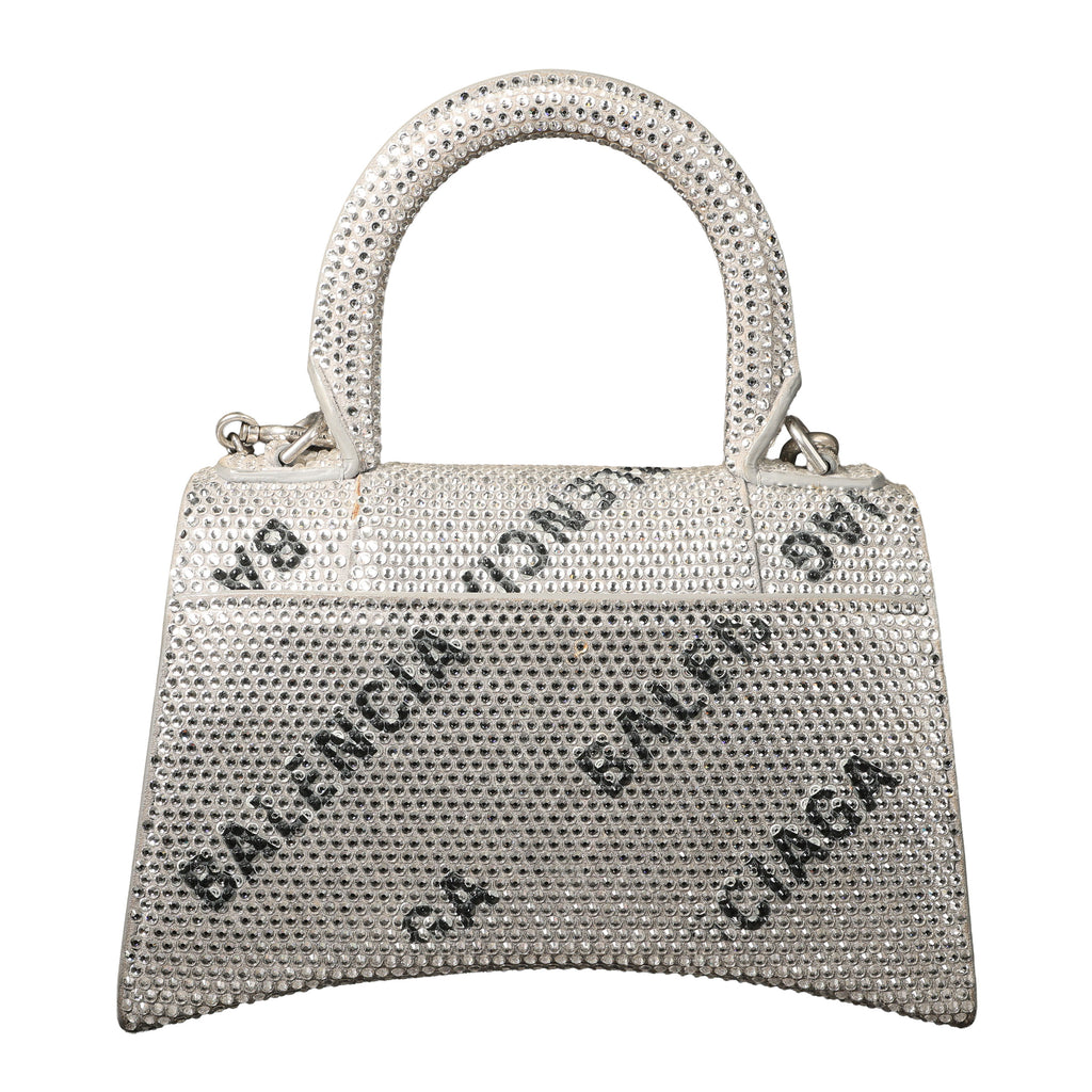 Preowned BALENCIAGA Hourglass XS Allover Logo Rhinestone Top Handle Bag w Chain Silver & Black | Luxe Again Maison
