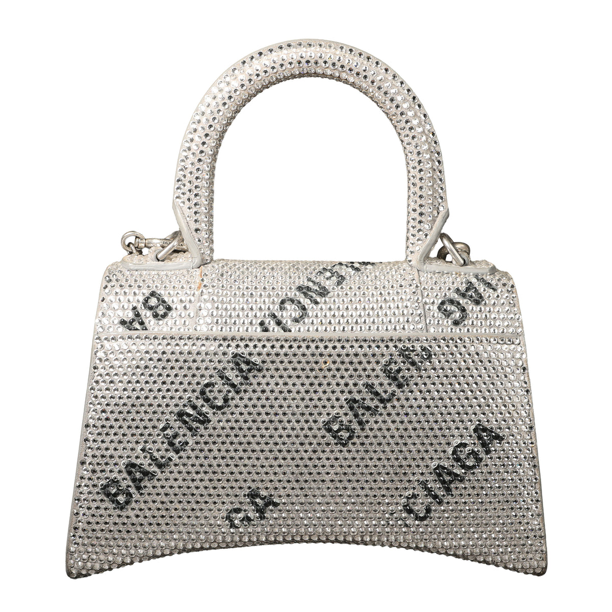 Preowned BALENCIAGA Hourglass XS Allover Logo Rhinestone Top Handle Bag w Chain Silver & Black | Luxe Again Maison