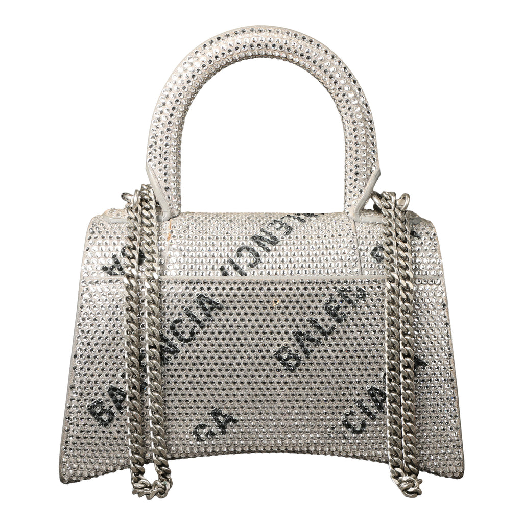 Preowned BALENCIAGA Hourglass XS Allover Logo Rhinestone Top Handle Bag w Chain Silver & Black | Luxe Again Maison