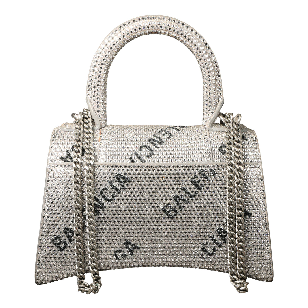 Preowned BALENCIAGA Hourglass XS Allover Logo Rhinestone Top Handle Bag w Chain Silver & Black | Luxe Again Maison