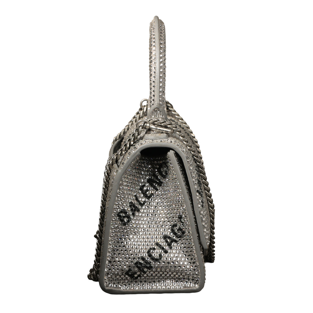 Preowned BALENCIAGA Hourglass XS Allover Logo Rhinestone Top Handle Bag w Chain Silver & Black | Luxe Again Maison