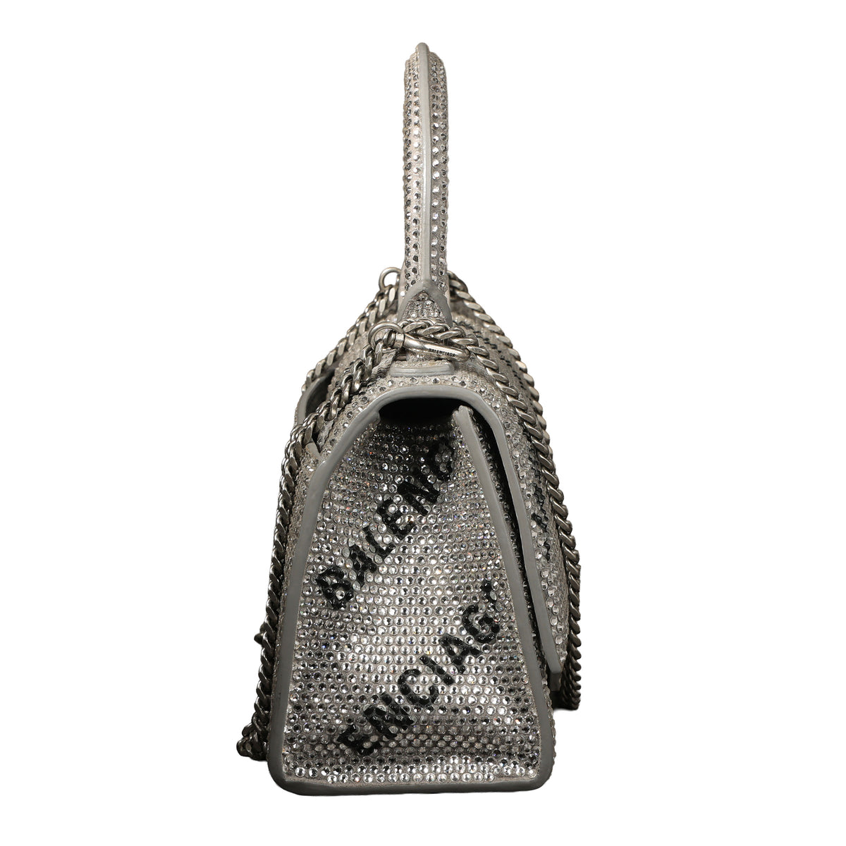 Preowned BALENCIAGA Hourglass XS Allover Logo Rhinestone Top Handle Bag w Chain Silver & Black | Luxe Again Maison