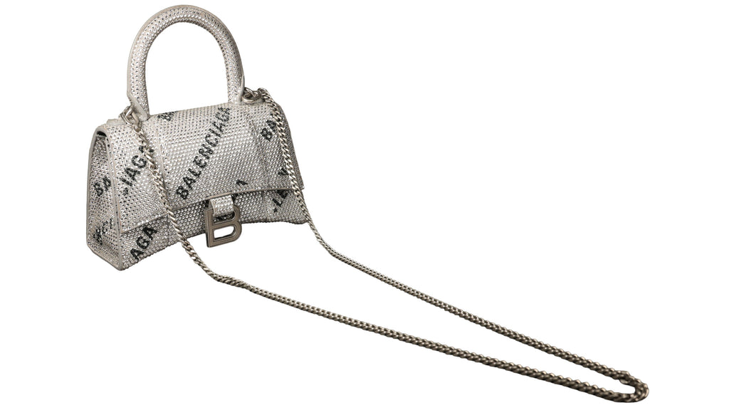 Preowned BALENCIAGA Hourglass XS Allover Logo Rhinestone Top Handle Bag w Chain Silver & Black | Luxe Again Maison