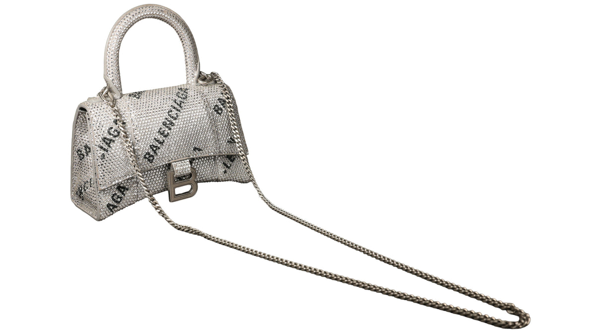 Preowned BALENCIAGA Hourglass XS Allover Logo Rhinestone Top Handle Bag w Chain Silver & Black | Luxe Again Maison