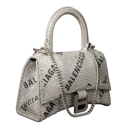 Preowned BALENCIAGA Hourglass XS Allover Logo Rhinestone Top Handle Bag w Chain Silver & Black | Luxe Again Maison