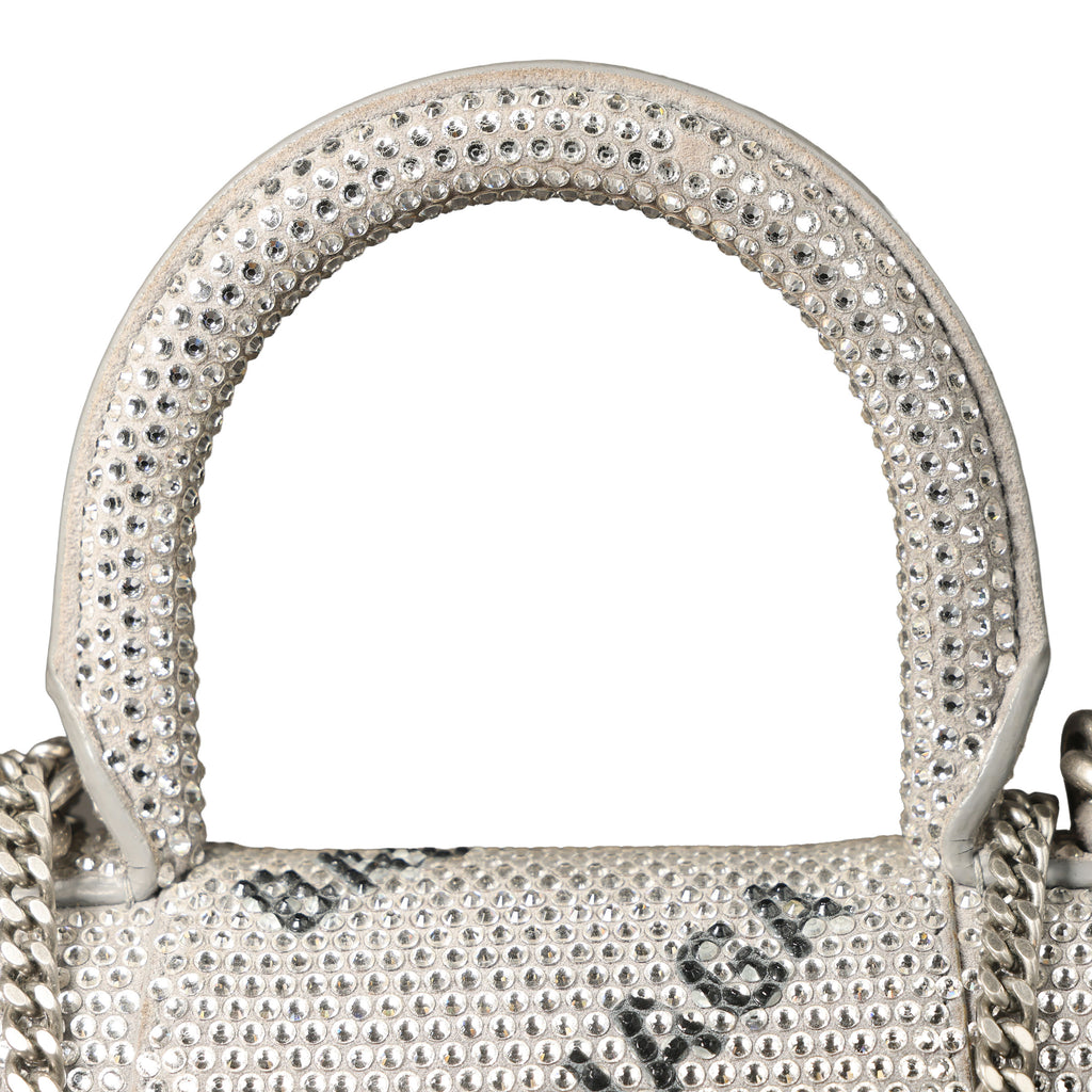 Preowned BALENCIAGA Hourglass XS Allover Logo Rhinestone Top Handle Bag w Chain Silver & Black | Luxe Again Maison
