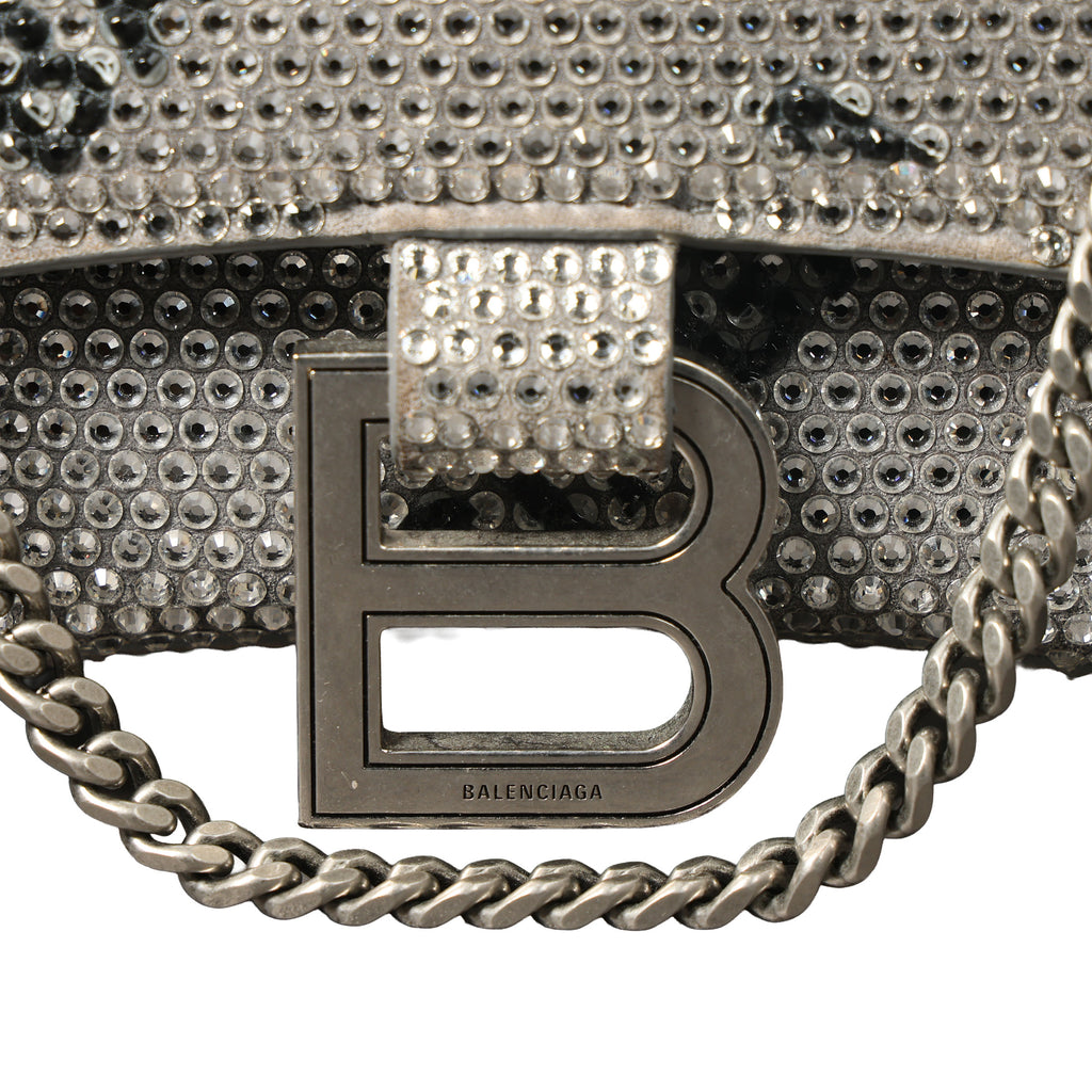 Preowned BALENCIAGA Hourglass XS Allover Logo Rhinestone Top Handle Bag w Chain Silver & Black | Luxe Again Maison