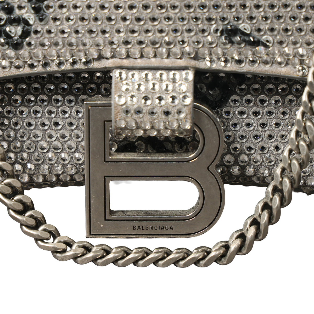 Preowned BALENCIAGA Hourglass XS Allover Logo Rhinestone Top Handle Bag w Chain Silver & Black | Luxe Again Maison