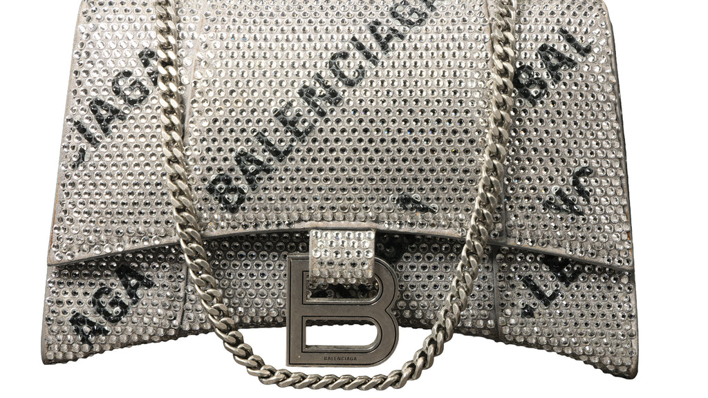 Preowned BALENCIAGA Hourglass XS Allover Logo Rhinestone Top Handle Bag w Chain Silver & Black | Luxe Again Maison